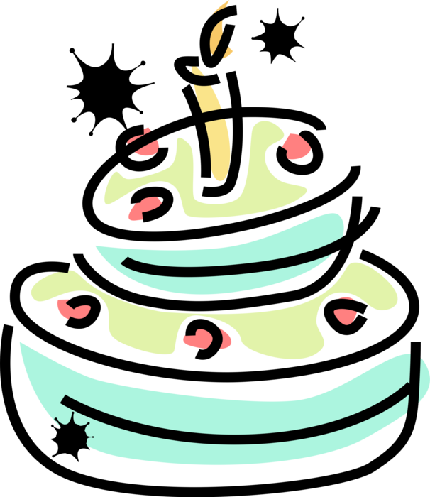 Vector Illustration of Sweet Dessert Baked Birthday Cake with Candle