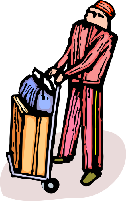 Vector Illustration of Bellhop Pushes Handcart with Luggage Suitcases for Hotel Guest Traveler