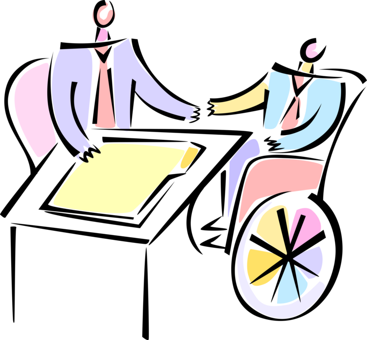 Vector Illustration of Disabled Office Colleague Shakes Hands with Business Associate