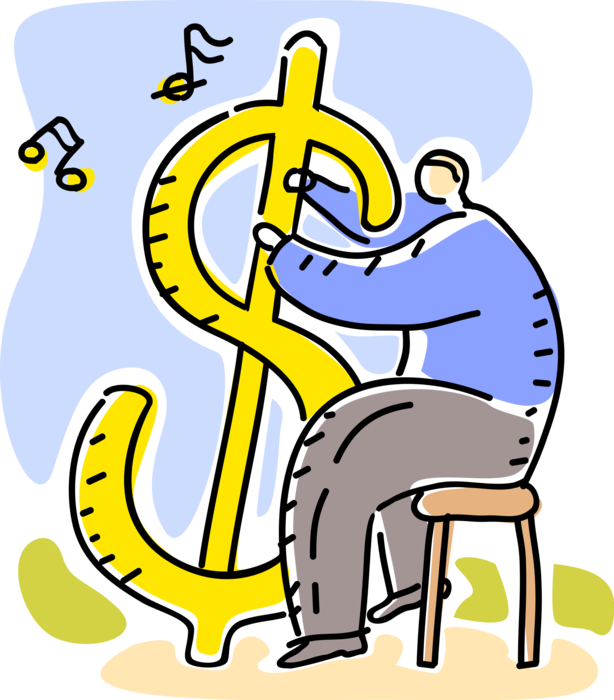 Vector Illustration of Businessman Plays Financial Cash Money Dollar Harp Musical Instrument