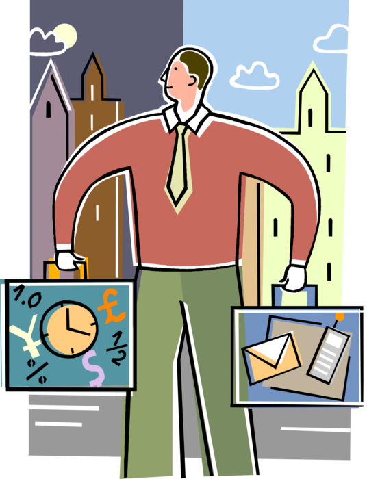 Vector Illustration of On the Go Businessman with Briefcase or Attaché Portfolio Cases Carrying Documents