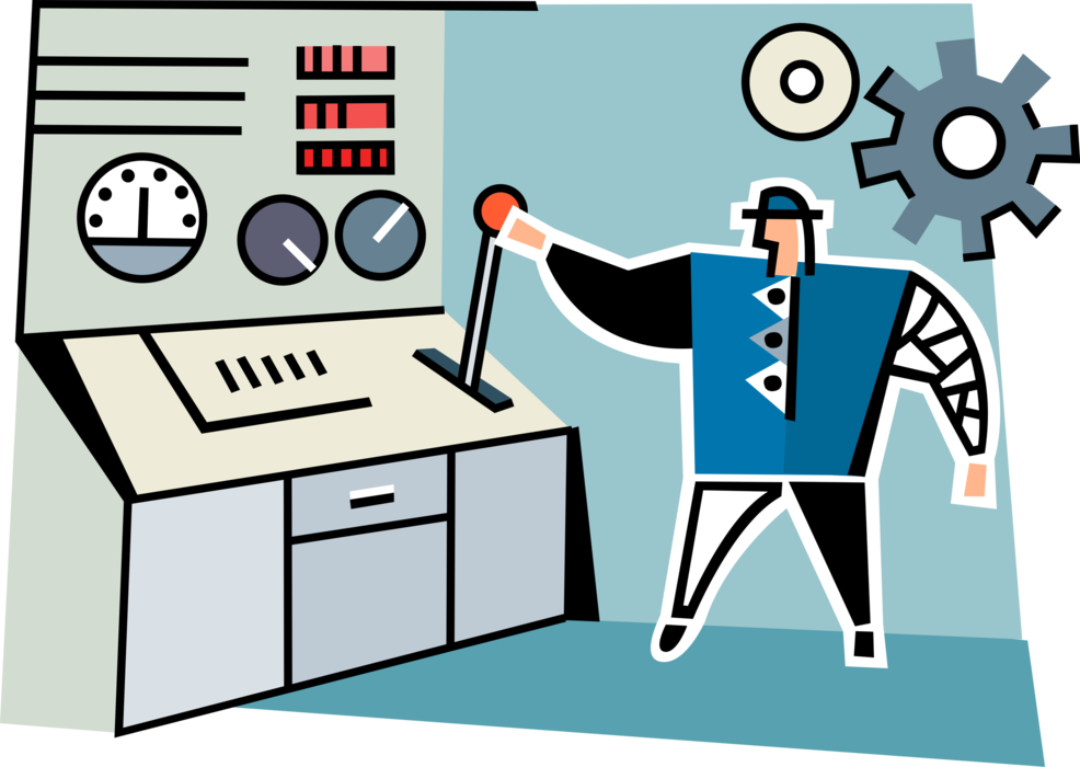 Vector Illustration of Industrial Manufacturing Factory Control Room Worker Controls Process Equipment
