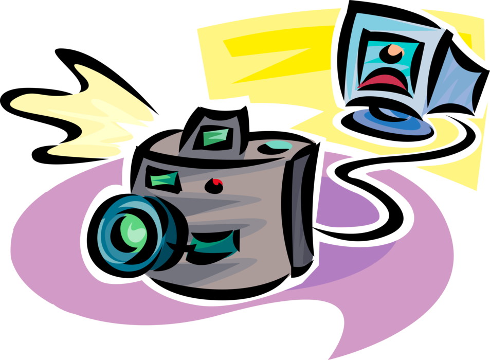 Vector Illustration of Digital Photography Camera Transfers Photos to Computer