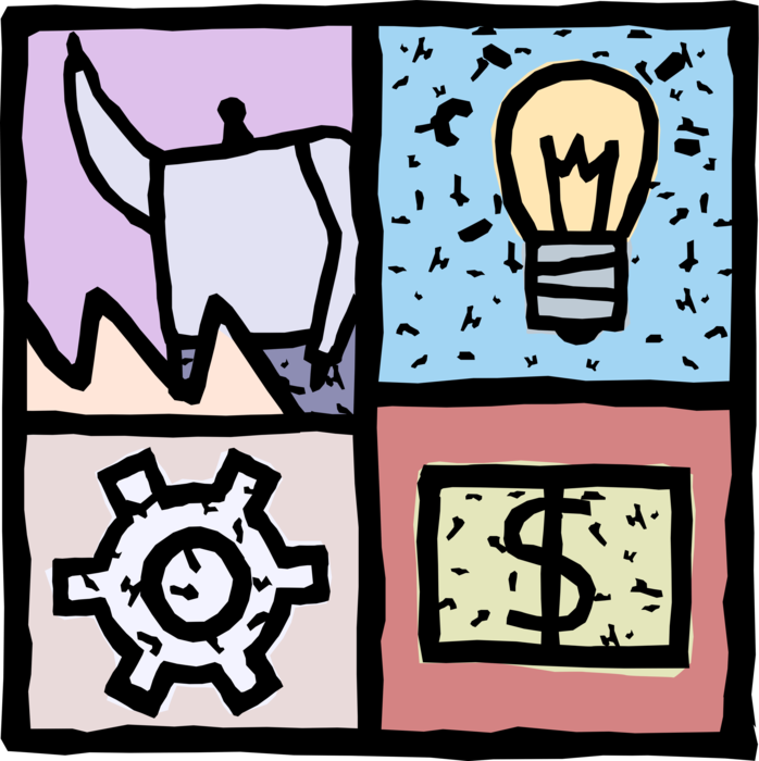 Vector Illustration of Industrialist Businessman, Cogwheel Gear, Idea Light Bulb and Money Symbol