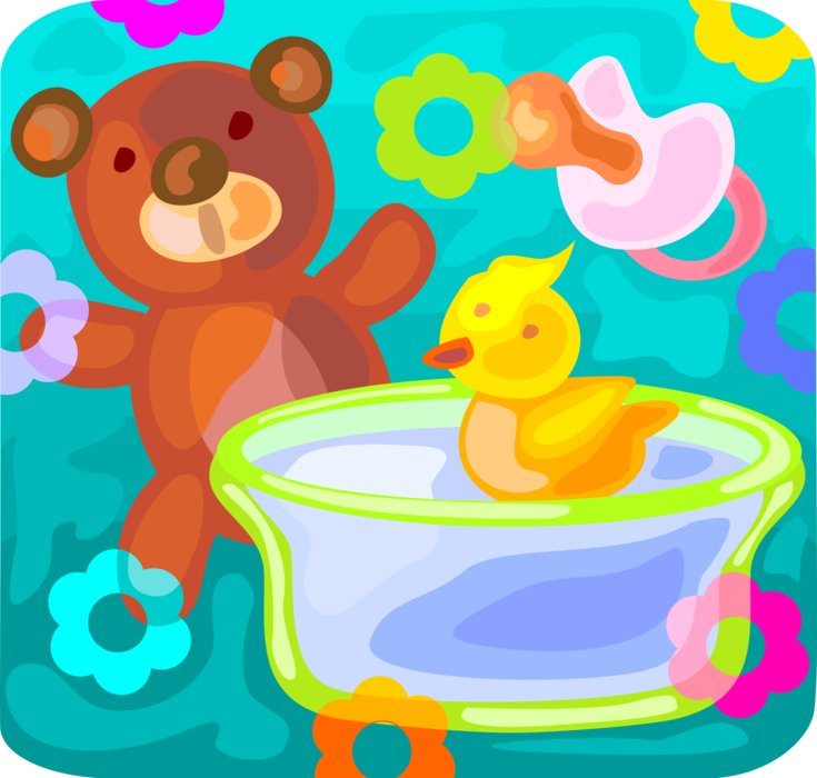 Vector Illustration of Child's Stuffed Animal Teddy Bear and Rubber Duck in Bathtub