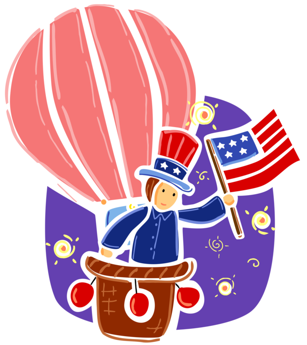 Vector Illustration of Hot Air Balloon Celebrates United States 4th of July Independence Day with Uncle Sam and Flag