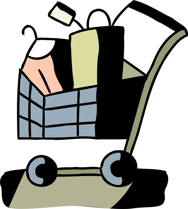 Vector Illustration of Retail Shopping Cart with Clothing Apparel Purchases