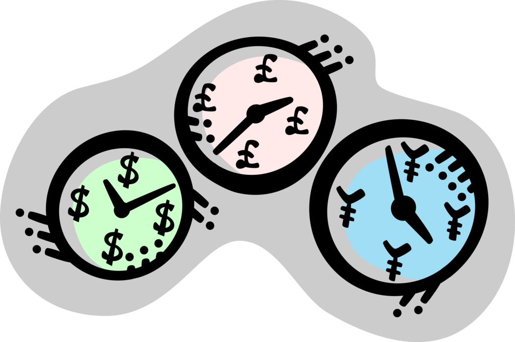 Vector Illustration of International Financial Markets Time Zone Clocks