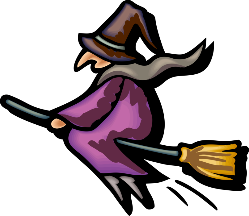 Vector Illustration of Halloween Sorceress Witch Flying on Broomstick Broom
