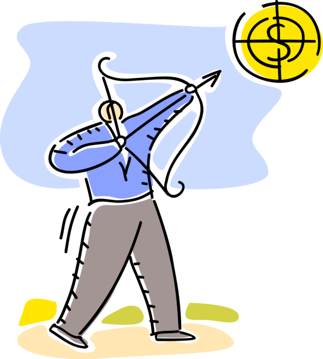 Vector Illustration of Businessman Archer Shoots Archery Bow and Arrow at Financial Target Bullseye or Bull's-Eye