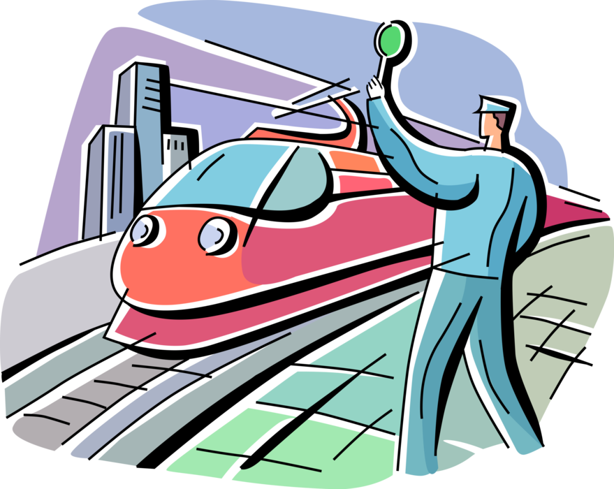 Vector Illustration of Railway Conductor with Railroad Rail Transport Speeding Locomotive Railway Train Engine