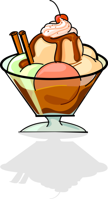 Vector Illustration of Fudge Sweet Ice Cream Dessert in Bowl with Dollop of Whipped Cream and Cherry