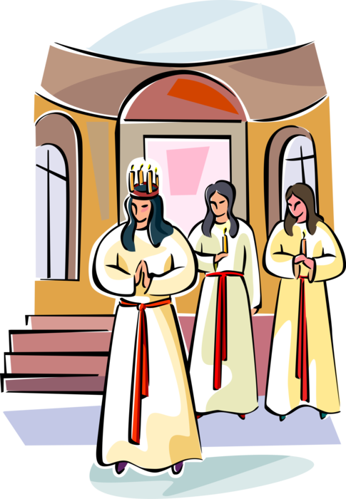 Vector Illustration of Scandinavian Heritage Swedish Sankta Lucia Saint Lucy's Day Lucy Procession Girls with Candle-Wreath, Sweden