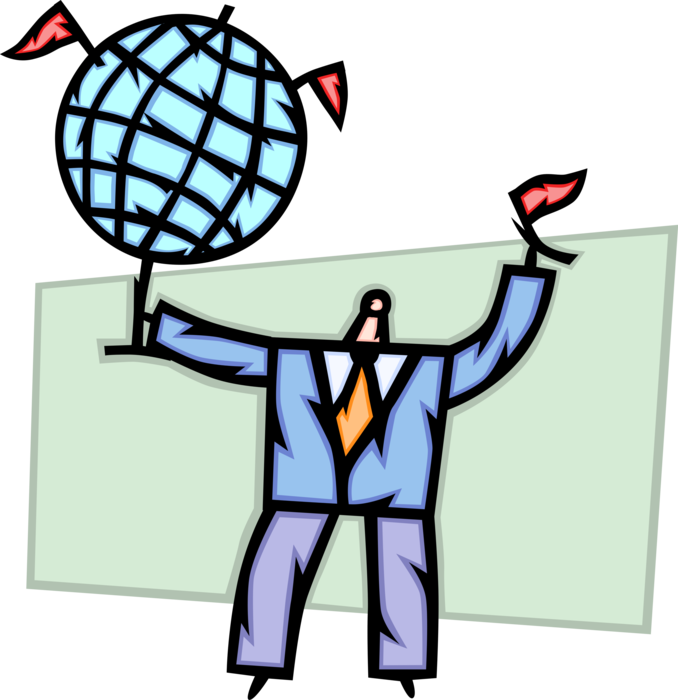 Vector Illustration of Successful Businessman Celebrates Global Domination with World Globe and Flags