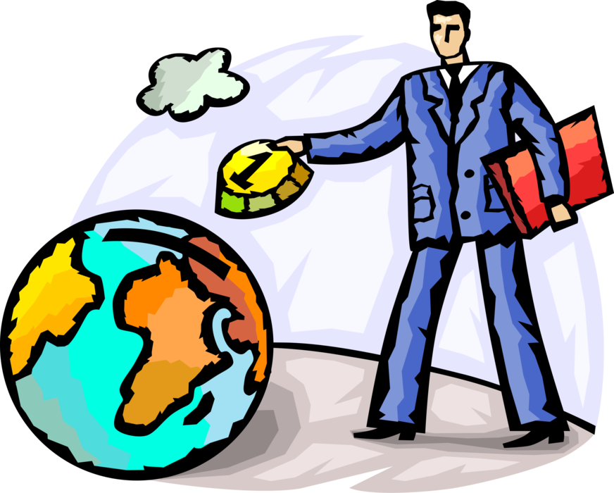 Vector Illustration of Businessman Invests in Global Economy with Cash Money Coin Deposit and Planet Earth