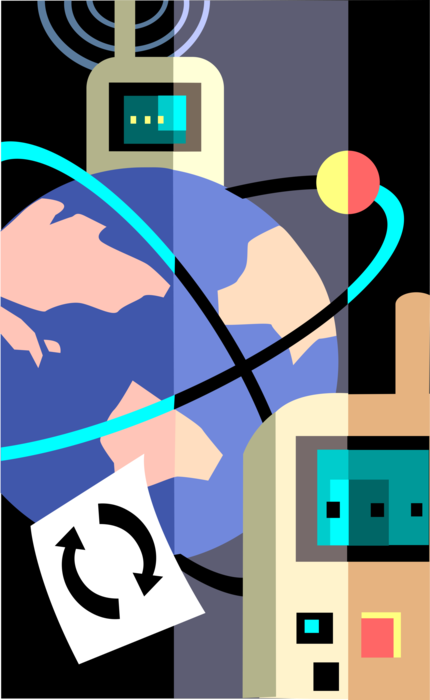 Vector Illustration of WiFi Hotspots and Global Satellite Telecommunications with Mobile Cell Phones