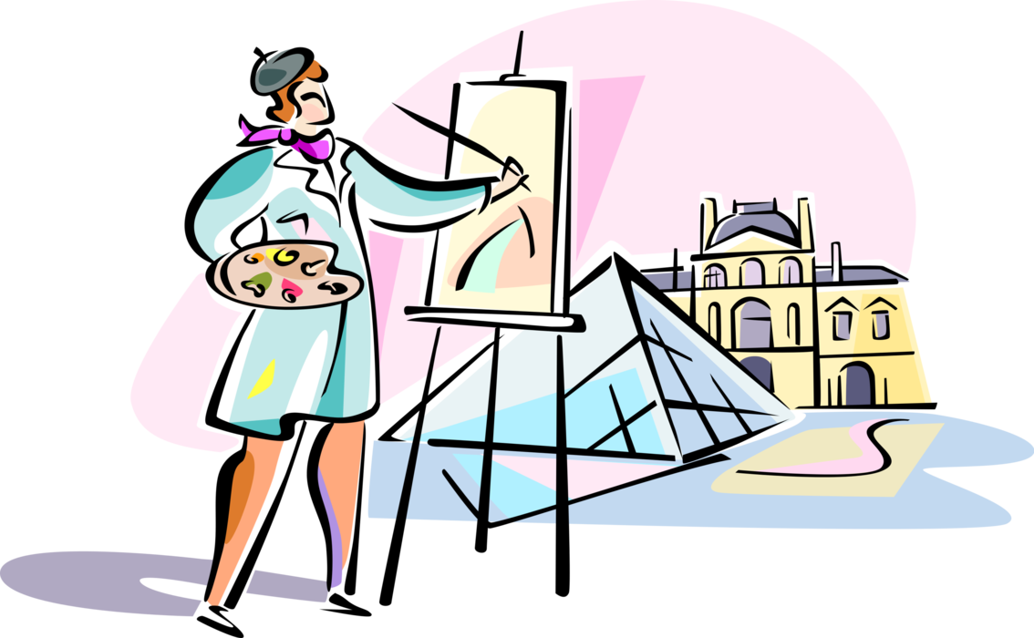 Vector Illustration of Visual Fine Arts Artist Painting Louvre Museum, Paris, France