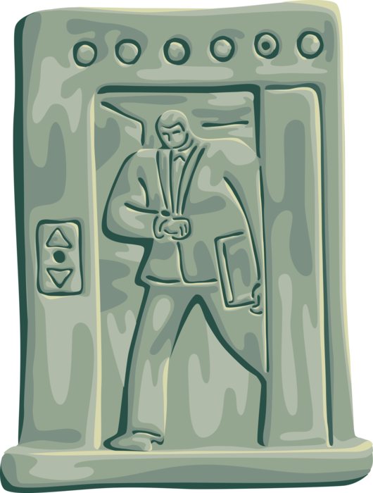 Vector Illustration of Businessman Exits Elevator Checks Time on Wristwatch Watch