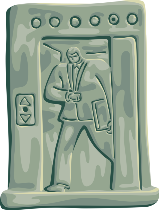 Vector Illustration of Businessman Exits Elevator Checks Time on Wristwatch Watch