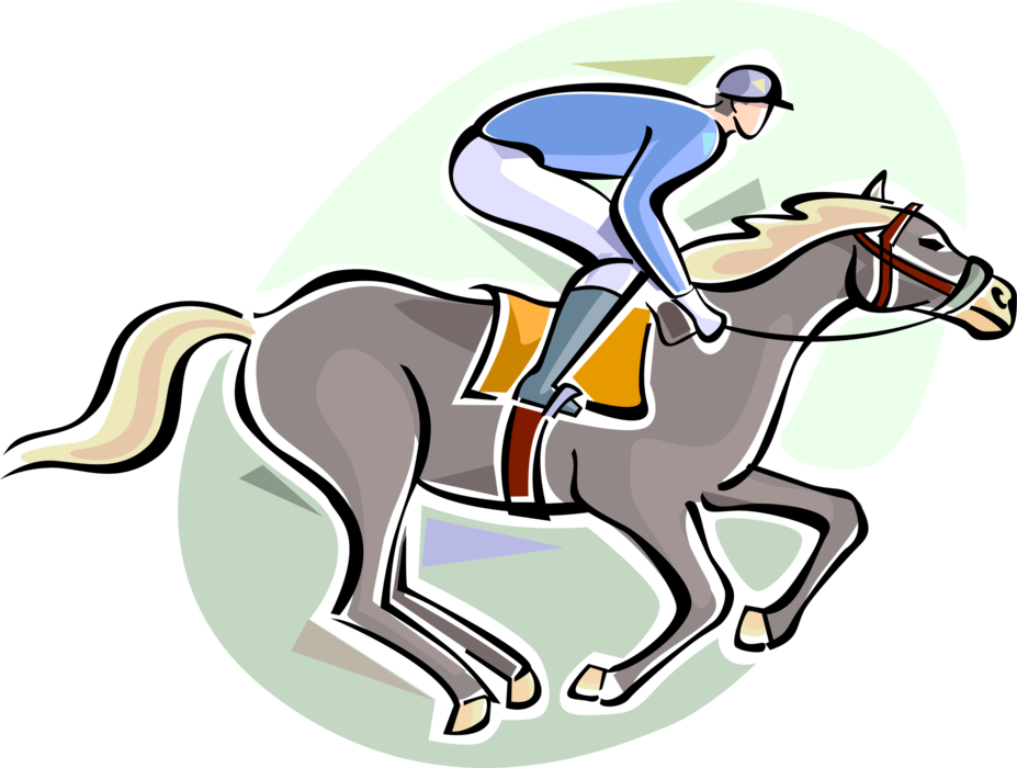 Vector Illustration of Equestrian Jockey Rides Race Horse at Horse Race Track Racecourse