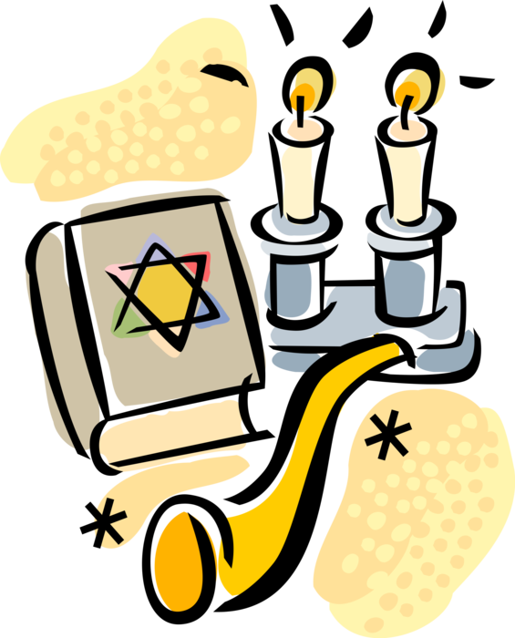 Vector Illustration of Hebrew Bible Holy Book with Shofar Ancient Musical Ram's Horn Blown in Synagogue on Rosh Hashanah