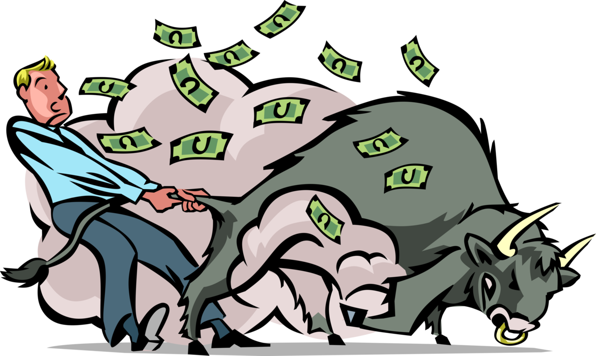 Vector Illustration of Financial Money Manager Tries to Halt Surging Stock Market Bull with Cash Money Dollars