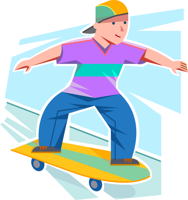 Vector Illustration of Young Adolescent Skateboarder Enjoys Skateboarding on Sidewalk with Skateboard