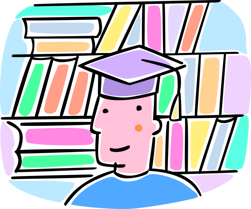 Vector Illustration of High School, College or University Student Graduate in Library with Graduation Cap and Books