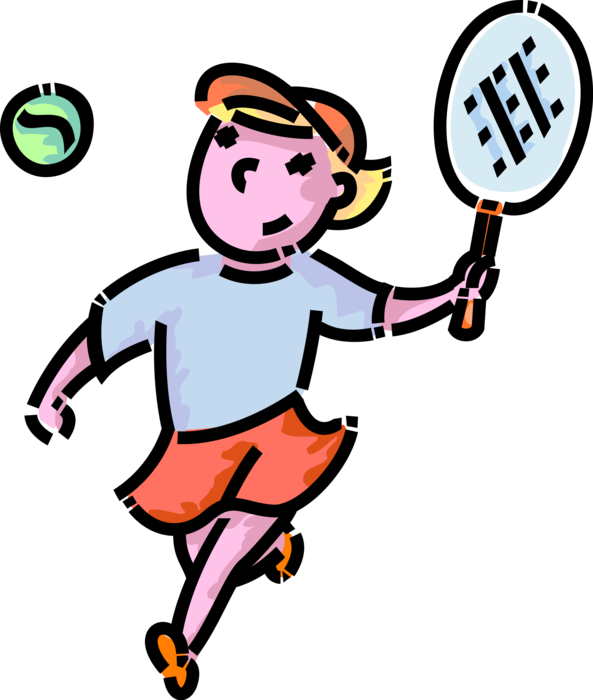 Vector Illustration of Primary or Elementary School Student Girl Plays Tennis with Racket and Tennis Ball
