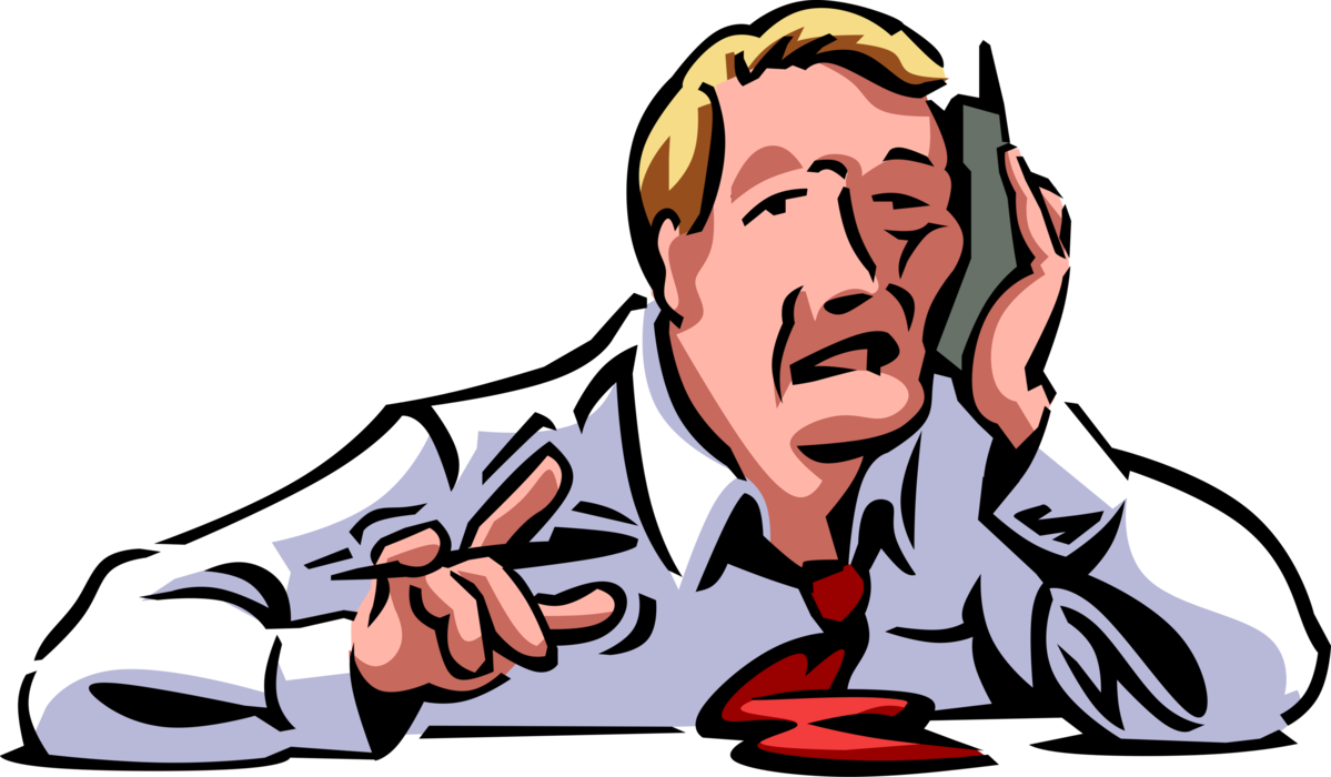 Vector Illustration of Demoralized, Depressed, Discouraged, Exhausted Businessman in Conversation on Mobile Cell Phone