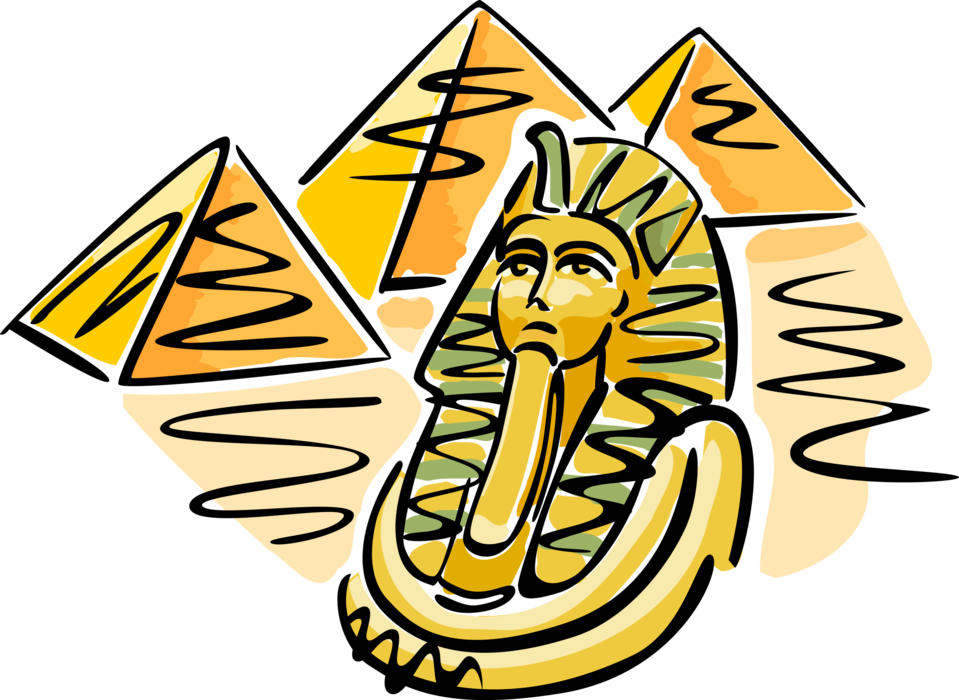 Vector Illustration of Great Pyramids at Giza with Ancient Egyptian Pharaoh Tutankhamun Death or Funerary Mask, Egypt