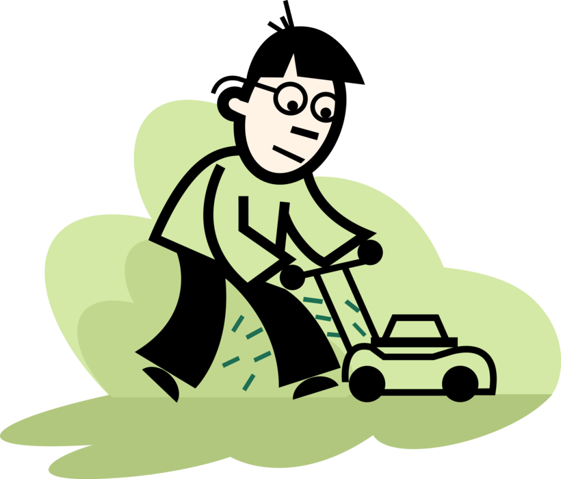 Vector Illustration of Lawn Care Worker Cuts Grass with Lawn Mower