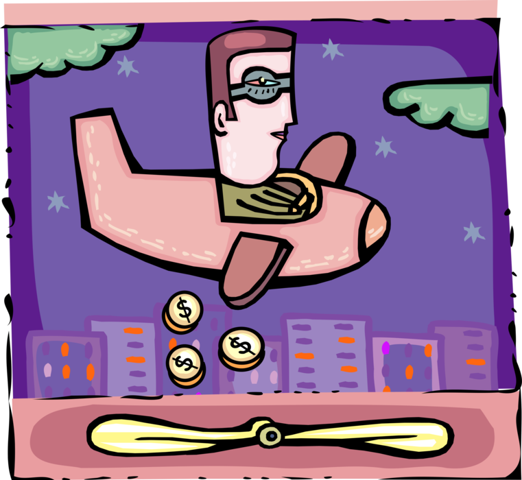 Vector Illustration of Businessman Flies Crop Duster Airplane Seeding Markets with Financial Money Coins