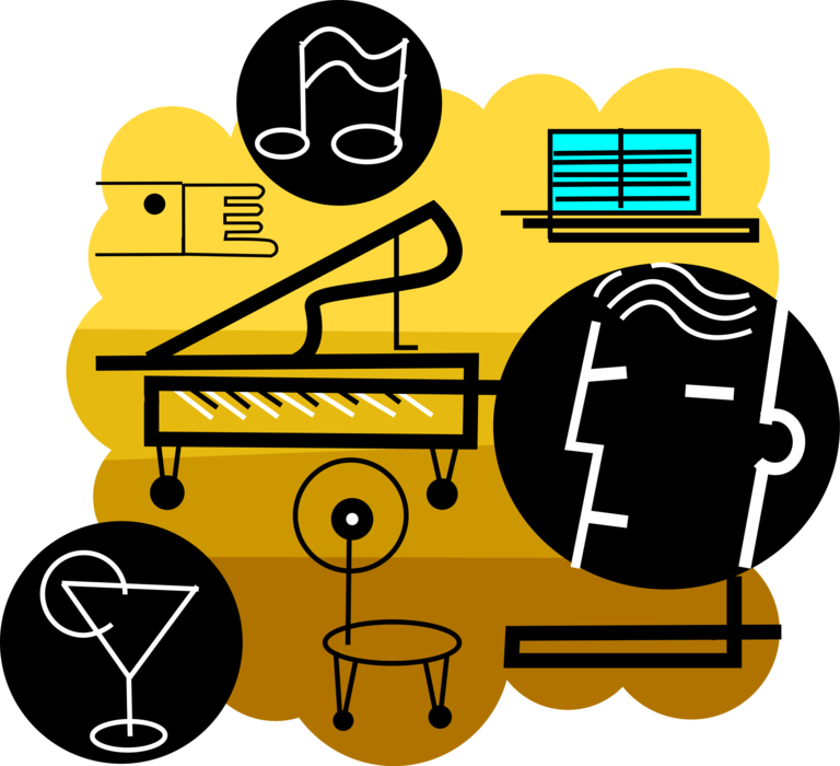 Vector Illustration of Grand Piano Keyboard Musical Instrument with Martini, Musical Note and Musician