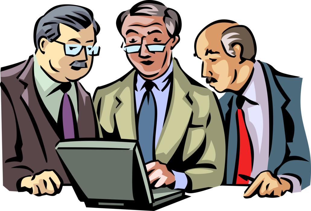 Vector Illustration of Businessmen Gather Around Computer at Work to View Latest Viral Videos on YouTube