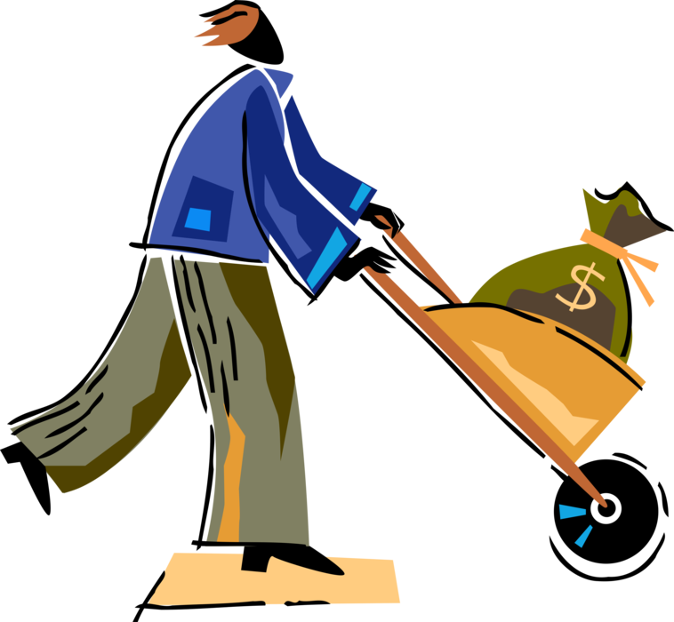 Vector Illustration of Man Hits Jackpot and Pushes Wheelbarrow Windfall Loot Bag Full of Cash Money Dollars