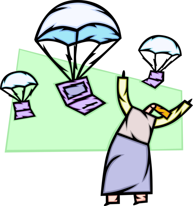 Vector Illustration of Woman Embraces New Technology Notebook Computers Parachuting to Ground