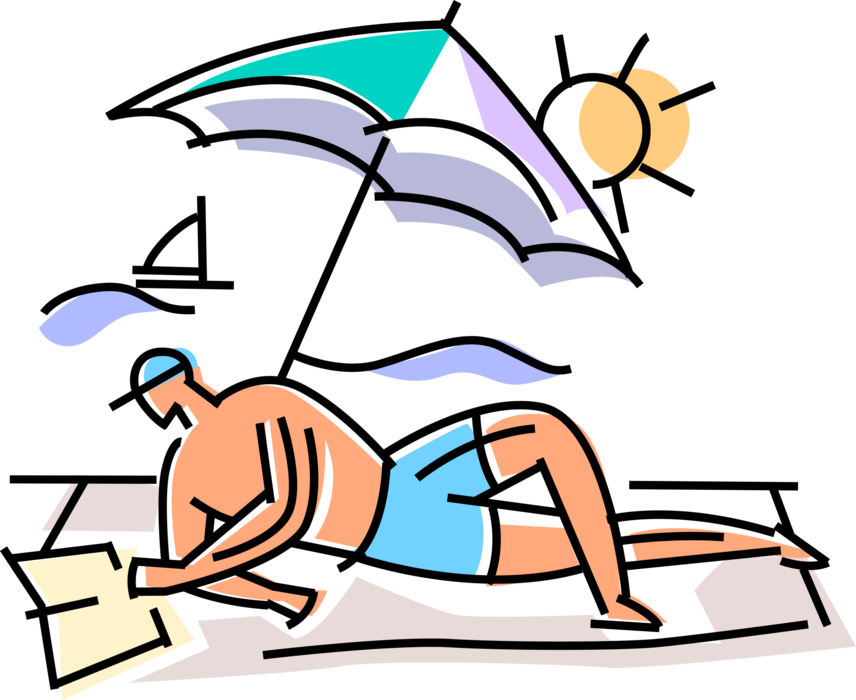 Vector Illustration of Holiday Vacation Tourist Relaxes Reading Book at Beach with Sun Shade Umbrella