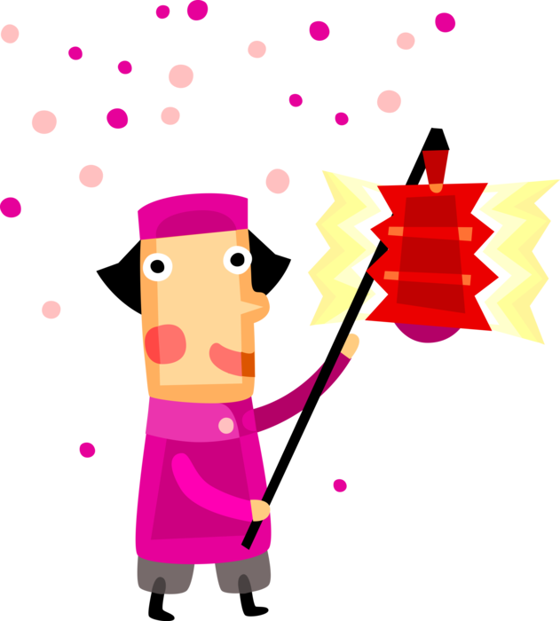 Vector Illustration of Chinese Peasant Celebrates New Year with Asian Paper Lantern
