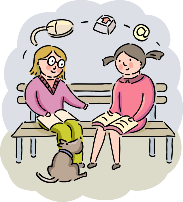 Vector Illustration of Academic Students Study School Homework Assignment Together on Park Bench with Family Pet Dog