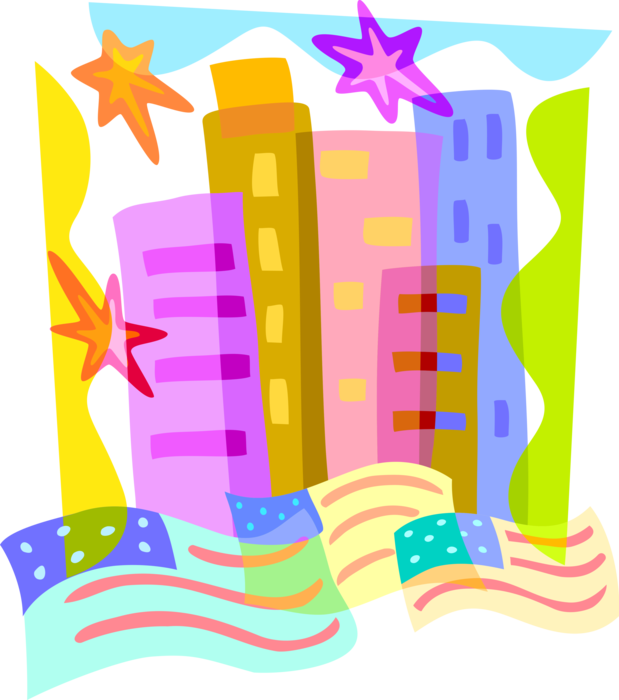 Vector Illustration of Celebrating Independence Day 4th of July with City Skyline, American Flags, and Fireworks