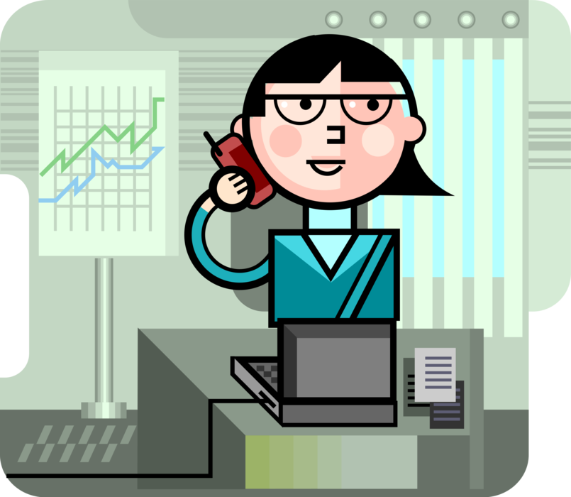Vector Illustration of Businesswoman Converses on Mobile Cell Phone at Office Desk