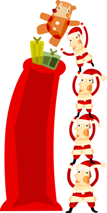 Vector Illustration of Santa Claus, Saint Nicholas, Saint Nick, Father Christmas, with Elves Filling Sack Bag with Gifts