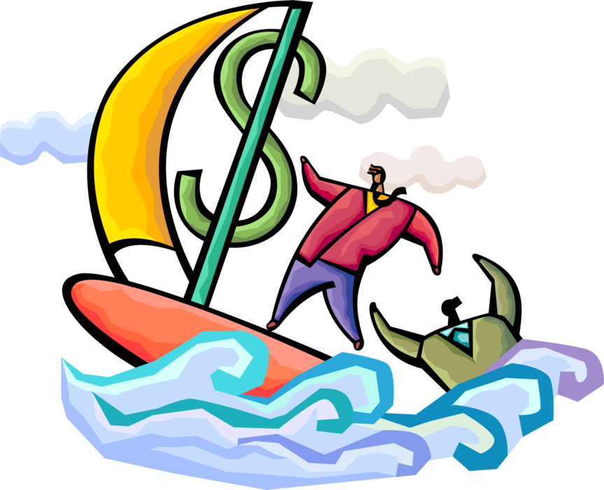 Vector Illustration of Businessman Sails Turbulent Financial Seas on Sailboard Windsurfer