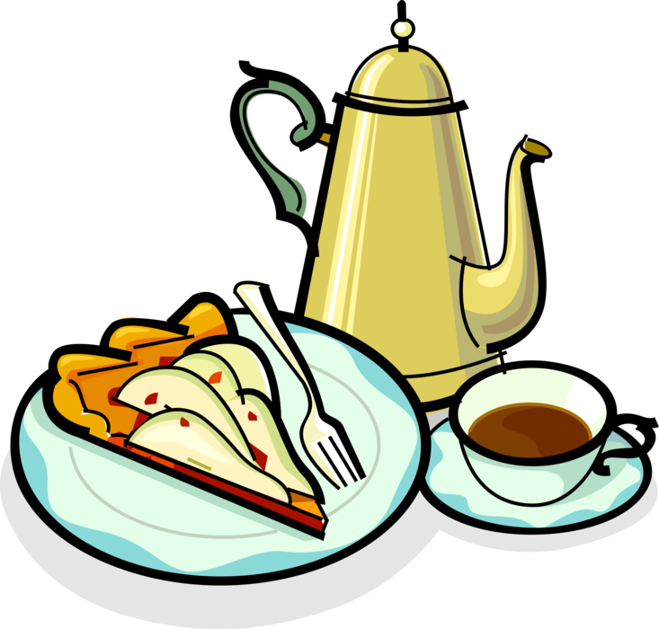 Vector Illustration of Cup of Coffee, Coffee Pot and Sweet Dessert Pie