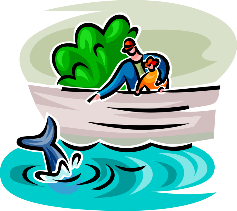 Vector Illustration of Father and Son Visit Aquarium Aquatic Marine Mammal Cetacean Dolphin Tank
