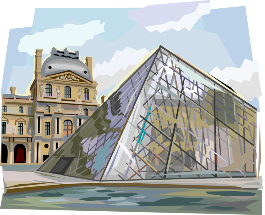 Vector Illustration of Pyramid Entrance at the Louvre Museum, Paris, France