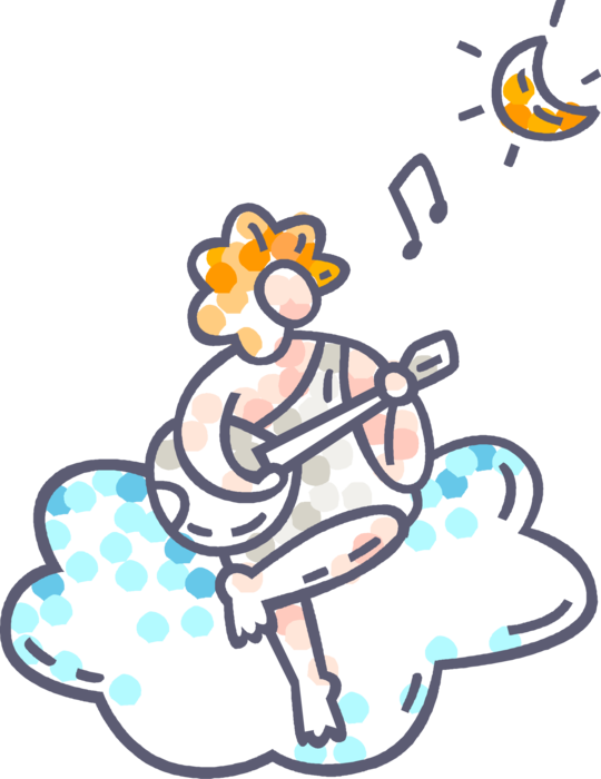 Vector Illustration of Cupid God of Desire and Erotic Love on Fluffy Cloud Plays Lute and Sings Songs