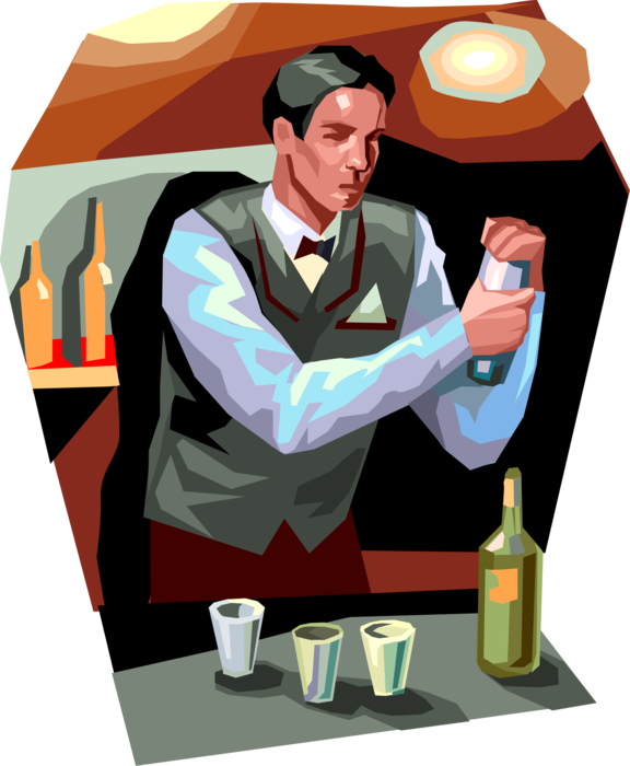 Vector Illustration of Barroom Bartender Mixes and Serves Alcohol Beverage Cocktail Drinks at Bar