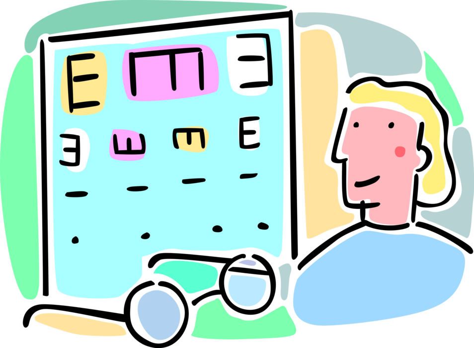Vector Illustration of Optometry Eye Examination Chart and Patient at Optometrist with Prescription Eyeglasses